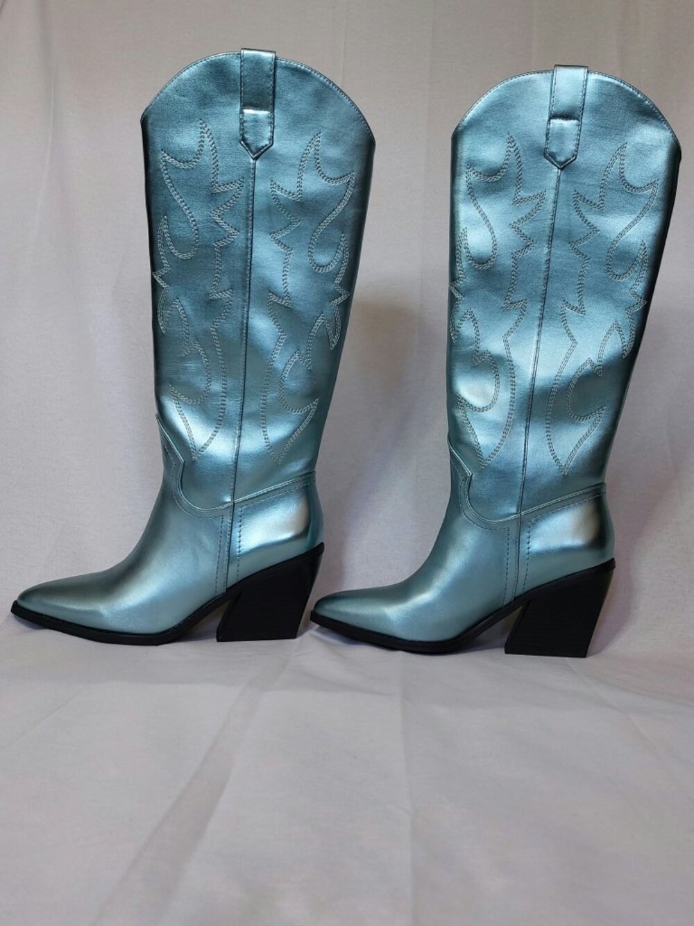 NIB Madden Girl Arizona Blue Metallic Western Cowboy Boots Flame Embroid Sz 8.5M